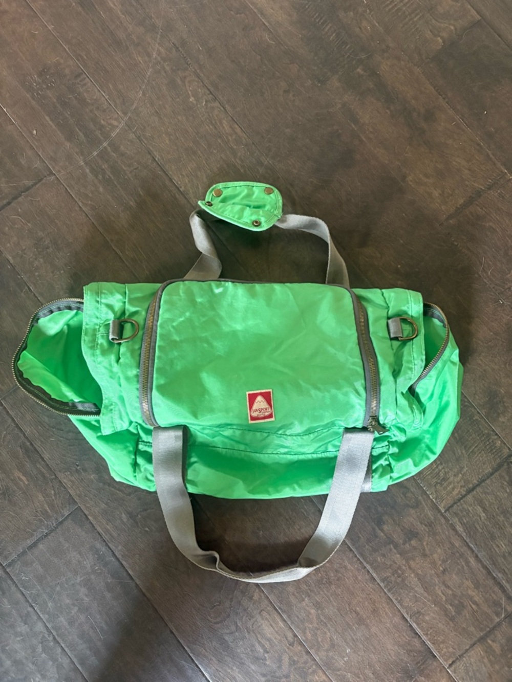 Jansport Bright Green Duffel with Light Gray Straps. Vintage.
